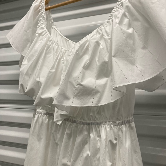 2022 NWT $1590 Adam Lippes Made USA Large White Cotton Midi Dress Ruffled V Neck - Picture 2 of 9